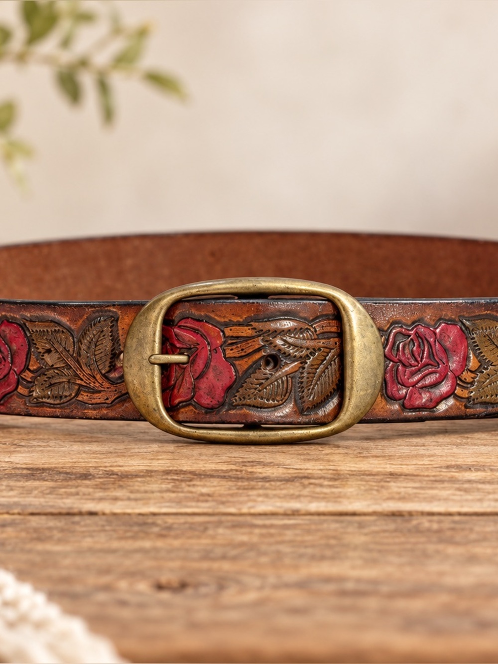 Vintage USA Genuine Leather Tooled Rose Floral Western Belt Size M